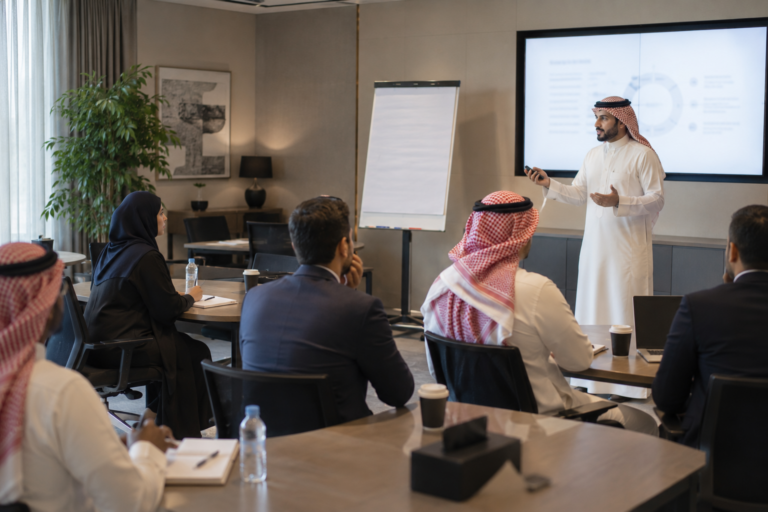 مدرب سعودي يقدم عرضًا لمجموعة من المتدربين في قاعة اجتماعات